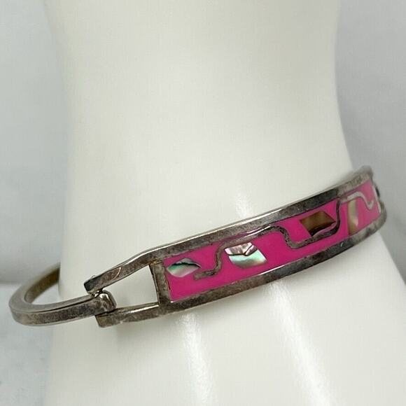Vintage Mexico Silver Tone Abalone Shell Hinge Bangle ✨ - Picture 8 of 8